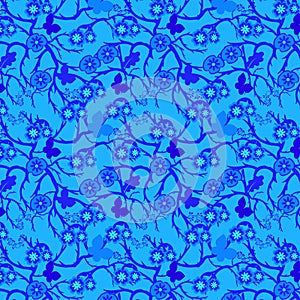 Blue floral monochromic repeating pattern with branches, leaves and butterfly silhouette