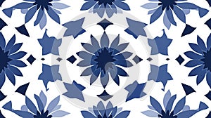 Blue floral tile pattern on white background, seamless for textiles