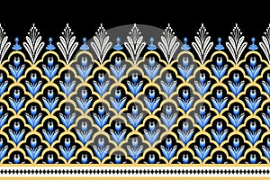 Blue Flower on Black, White, Yellow Geometric ethnic oriental pattern traditional Design for background,carpet,wallpaper,clothing,