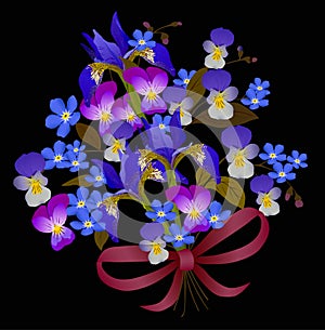 Blue flower bouquet on black background