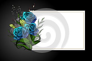 Blue flower bouquet on white frame with black border strict postcard template