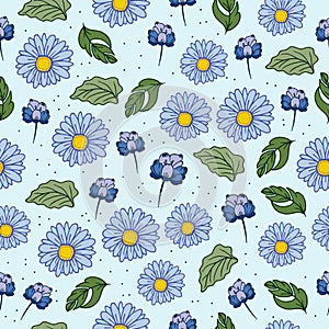 Blue flower with green leaf illustration on blue background. seamless pattern with flower and leaf. hand drawn vector. floral back