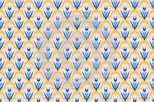 Blue Flower on Ivory, White, Yellow Geometric ethnic oriental pattern traditional Design for background,carpet,wallpaper,clothing,
