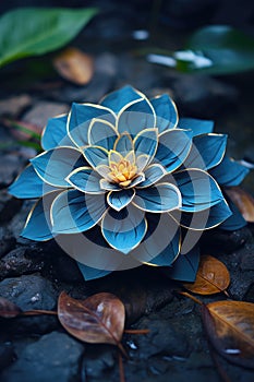 A blue flower sitting on top of a pile of rocks. AI.