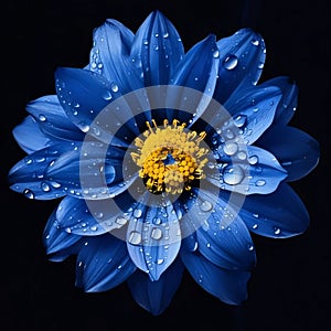 Blue flower with water drops isolated on black background. Flowering flowers, a symbol of spring, new life