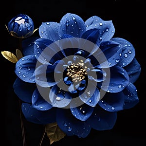 Blue flower with water drops isolated on black background. Flowering flowers, a symbol of spring, new life