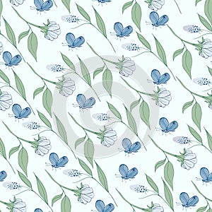 blue flowers and butterflies on a light blue background