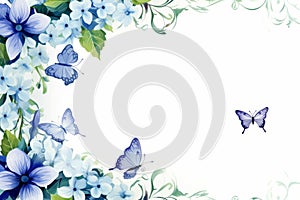 blue flowers and butterflies on a white background