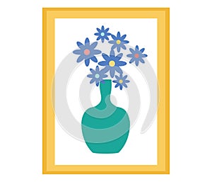 Blue flowers in green vase, framed wall art decor. Simple floral arrangement, modern interior decoration vector