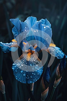 Blue flowers, petals with drops of rain, water, dew on a dark background. Flowering flowers, a symbol of spring, new life