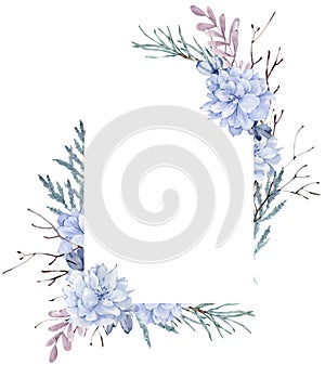 Blue flowers and pink branches frame. Christmas and New Year's card. Watercolor holiday frame.