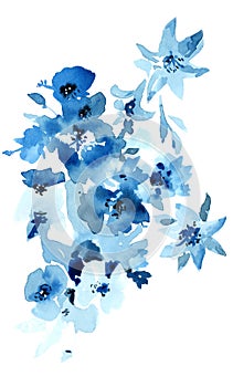 Blue flowers watercolor illustration. Isolated objects on white background for desig