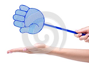 Blue fly swatter in hand