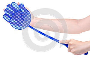 Blue fly swatter in hand