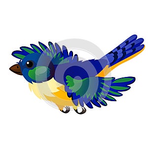 Blue flying animated bird isolated on white background. Vector cartoon close-up illustration.
