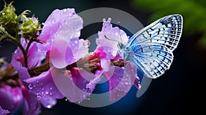 Blue Flying Butterfly On Pink Flower: Stunning 8k Resolution Nature-inspired Art