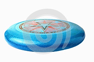 Blue flying disc from Discraft. Frisbees isolated on a white background. Side view