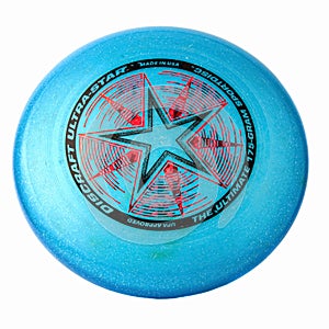 Blue flying disc from Discraft. Frisbees isolated on a white background. Top view