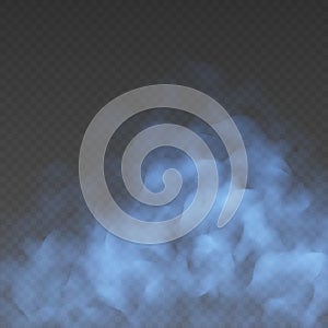 Blue fog or smoke cloud isolated on transparent background. Realistic smog, haze, mist or cloudiness effect.