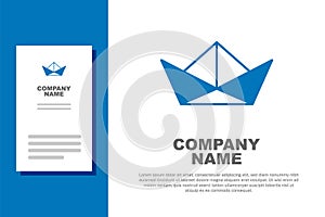 Blue Folded paper boat icon isolated on white background. Origami paper ship. Logo design template element. Vector