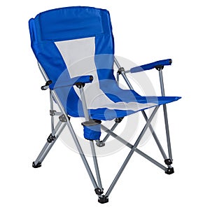 Blue folding chair for fishing or camping, on a white background