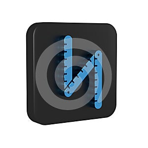 Blue Folding ruler icon isolated on transparent background. Black square button.