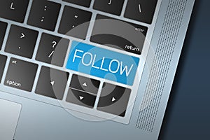 Blue Follow Call to Action button on a black and silver keyboard