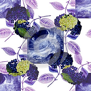 Blue fond and flowers Hydrangea on white background. Seamless pattern for design.