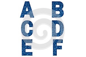 Blue font Alphabet a, b, c, d, e, f made of blue sparkle background.