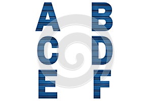 Blue font Alphabet a, b, c, d, e, f made of painted shutter or roller blind.