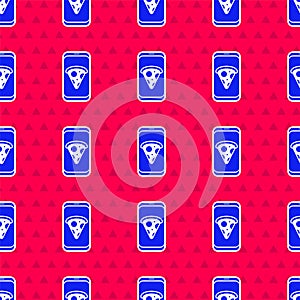 Blue Food ordering pizza icon isolated seamless pattern on red background. Order by mobile phone. Restaurant food