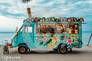 A blue food truck is parked on the sandy beach, serving delicious meals and snacks to beachgoers, Food truck with a tropical theme