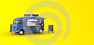 Blue food truck on yellow background