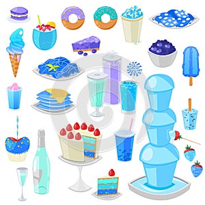 Blue food vector bluish cake with blueberry and sweet dessert with blueish drinks illustration cyan set of aquamarine