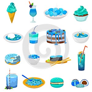 Blue food vector bluish cake or cupcake with blueberry and sweet dessert with bluish drinks illustration turquoise set photo