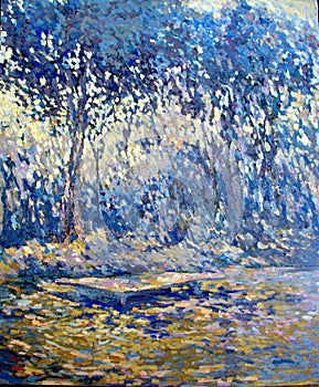 Blue forest nice brush work acrylic oil painting