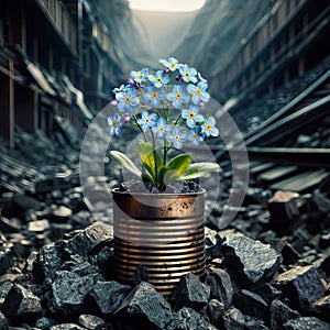 Blue forget-me-not flowers in a metal pot on the background of railway tracks, generative ai