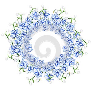 Blue forget me not spring flowers in wreath for wedding. Decorative element for greeting card