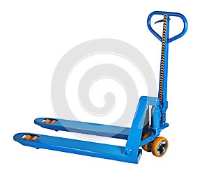 Blue fork hand pallet truck, isolated on white background.