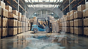 The blue forklift in warehouse.AI generated image