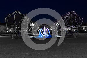 A blue fountain in Christmas time