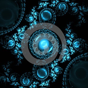 Blue Fractal Art With Gems And Flowers