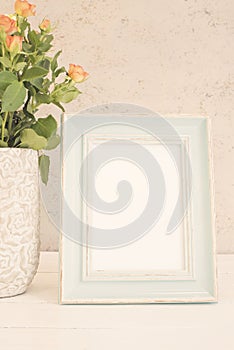 Blue Frame Mock Up, Digital MockUp, Display Mockup, Sea Styled Stock Photography Mockup, Colorful Desktop Mock Up. Rustic vase wit