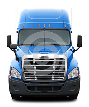 Blue Freightliner Cascadia truck with black plastic bumper.