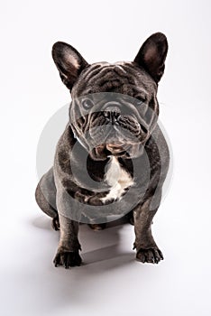 Blue french bulldog shot from front faced in studio.