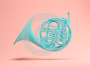 Blue French Horn on pink background 3d rendering