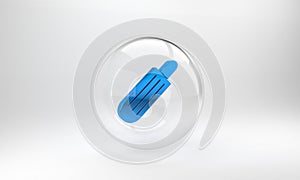 Blue French hot dog icon isolated on grey background. Sausage icon. Fast food sign. Glass circle button. 3D render