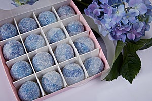 Blue fresh flower hydrangea green leaf and big box with sweets candy blue sugar free organic healthy food tasty flavor