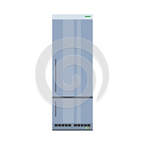 Blue fridge fresh domestic electric freeze furniture icebox. Refrigerator front view vector flat icon
