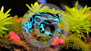 Blue frog on green moss with blurred pink flower background.